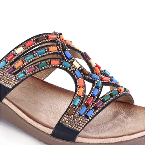 NEW! Italiana Black Boho Beaded Open Toe Wedge Sandal - Picture 2 of 3